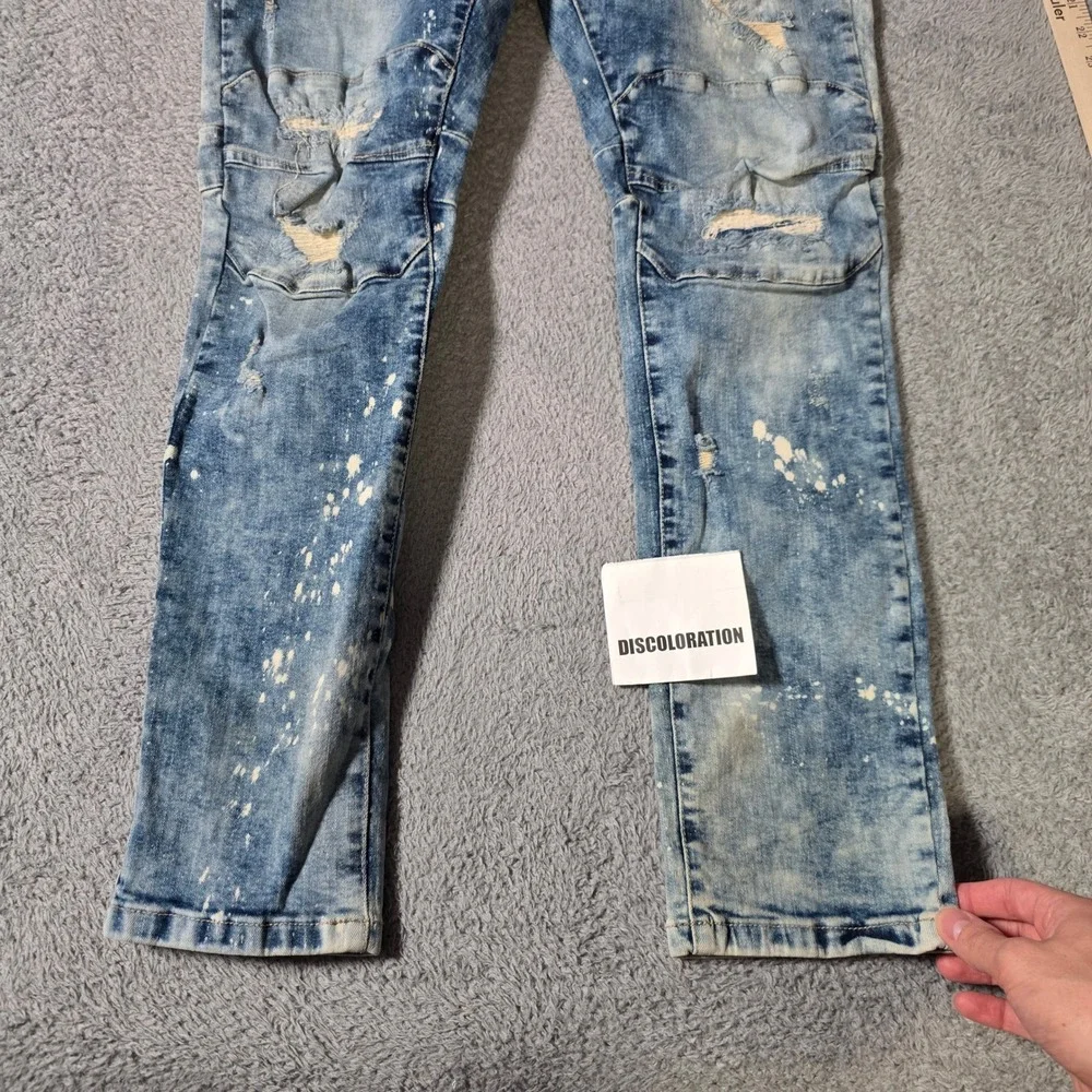 Smoke Rise Mens 38x32 Moto Jeans Blue Acid Wash Paint Splatter Distressed Biker